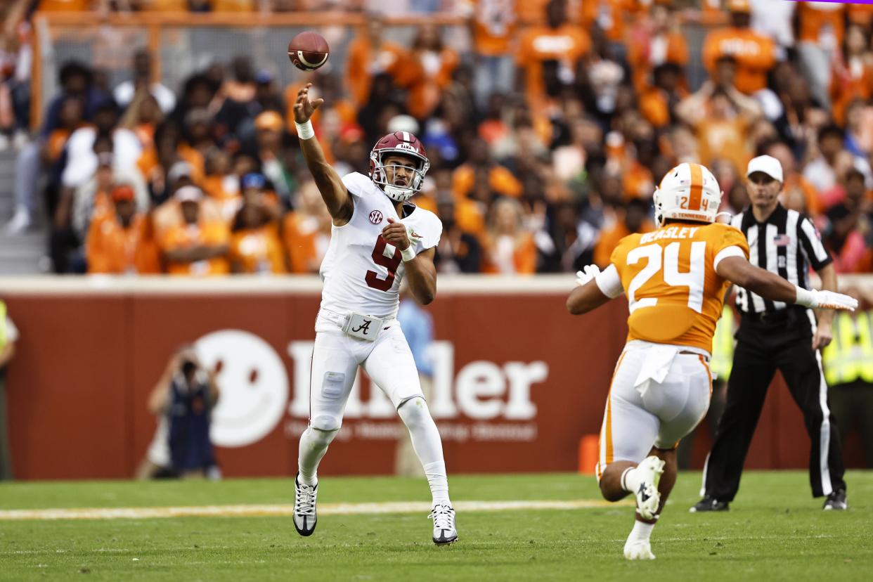 Alabama quarterback Bryce Young (9) throws against Tennessee Saturday, Oct. 15, 2022, in Knoxville, Tenn. Tennessee won 52-49. (AP Photo/Wade Payne)