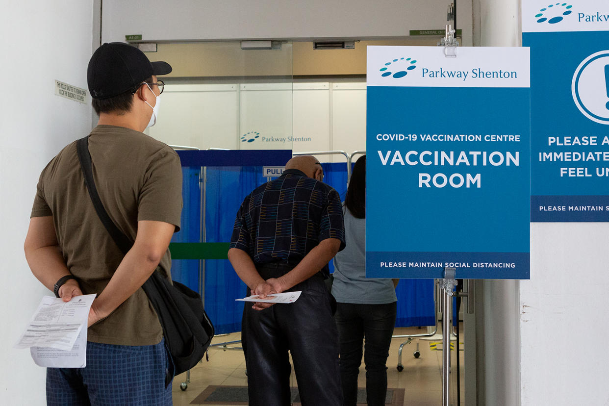 People seen queueing at a vaccination centre in Jurong West on 23 February 2021. (PHOTO: Dhany Osman / Yahoo News Singapore)