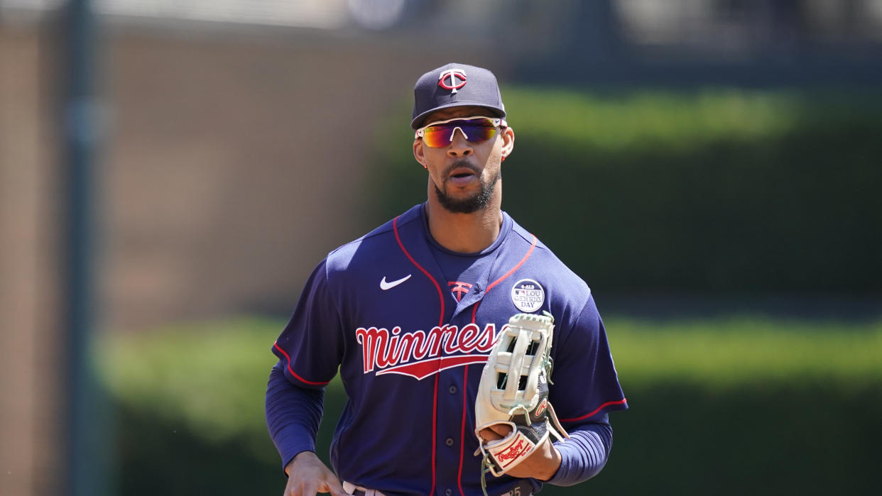 Minnesota Twins' Byron Buxton plays during a baseball game, Thursday, June 2, 2022, in Detroit. (AP Photo/Carlos Osorio)