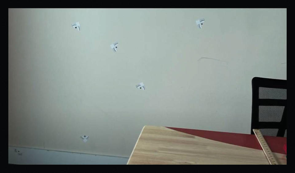 A still from Craig Greenberg's campaign ad showing six bullet holes after an attack on his campaign office on Feb. 14, 2022.<span class="copyright">Greenberg for Mayor</span>