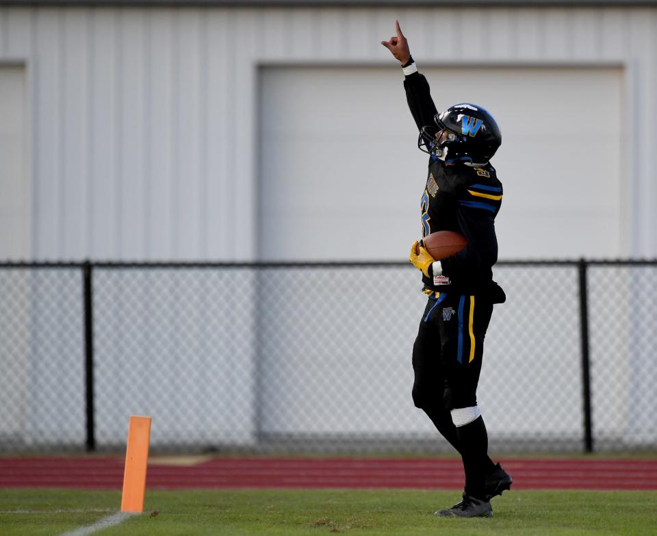 Wi-Hi's Darius Foreman (3) celebrates his touchdown against Queen Anne's Thursday, Oct. 20, 2022, at Wicomico County Stadium in Salisbury, Maryland.