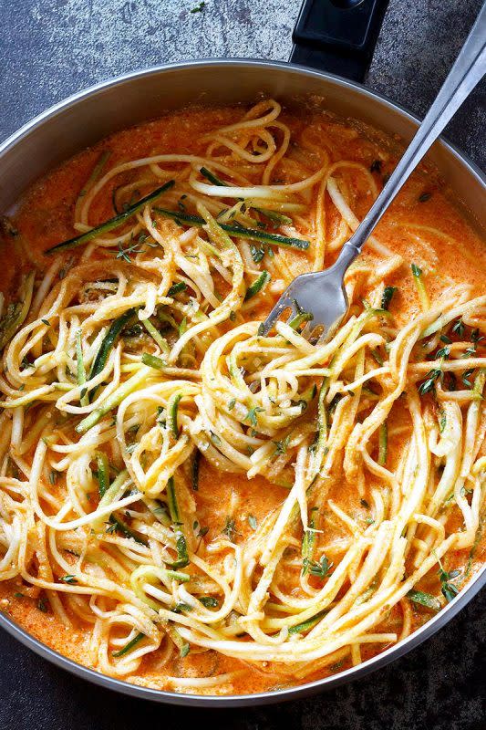 <p>Eat Well 101</p><p>Try these zucchini noodles for a low-carb comfort dinner that will be on your table in less than 20 minutes!</p><p><strong>Get the recipe: <a href="https://www.eatwell101.com/zucchini-noodles-in-garlic-tomato-cream-sauce-recipe" rel="nofollow noopener" target="_blank" data-ylk="slk:Zucchini Noodles in Creamy Tomato Sauce;elm:context_link;itc:0;sec:content-canvas" class="link ">Zucchini Noodles in Creamy Tomato Sauce</a></strong></p>