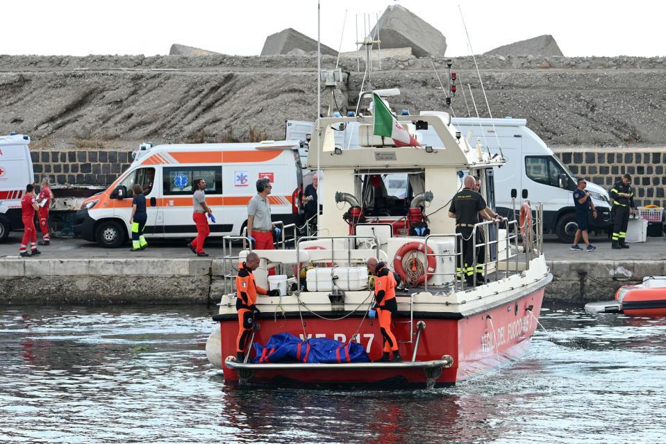 Divers searching for six missing people after a superyacht sank in a storm off Sicily have found a fifth body. (Alberto Pizzoli / AFP via Getty Images)