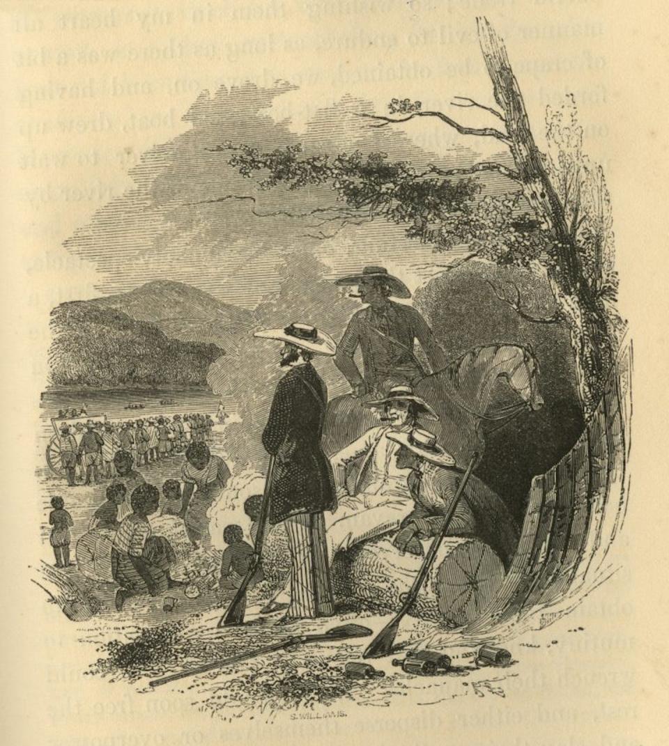 Franklin and Armfield slave trading company partner John Armfield watching over enslaved men and women chained together who he and several employees were moving south from Virginia. <a href="https://www.virginiamemory.com/online-exhibitions/exhibits/show/to-be-sold/item/387" rel="nofollow noopener" target="_blank" data-ylk="slk:John Murray/Library of Virginia;elm:context_link;itc:0;sec:content-canvas" class="link ">John Murray/Library of Virginia</a>