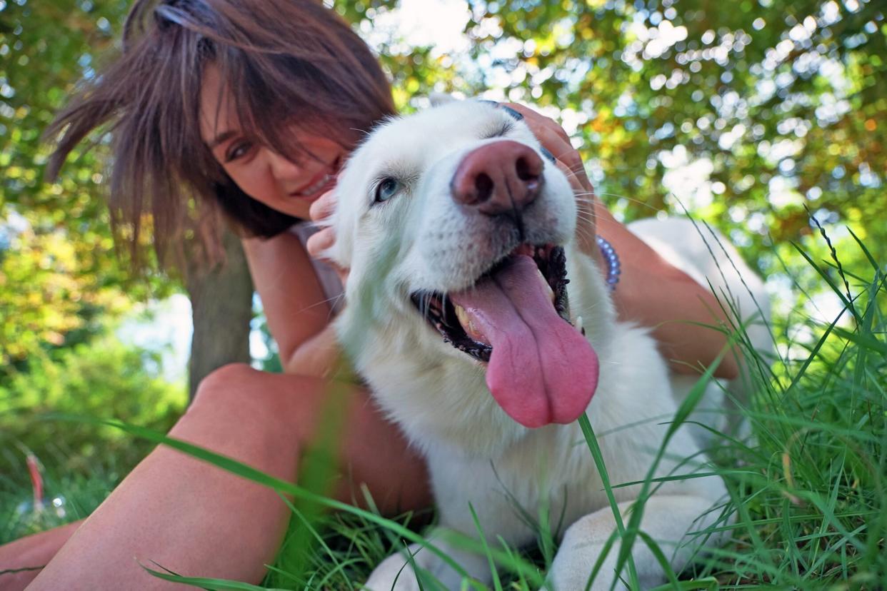 woman hugging white husky outside