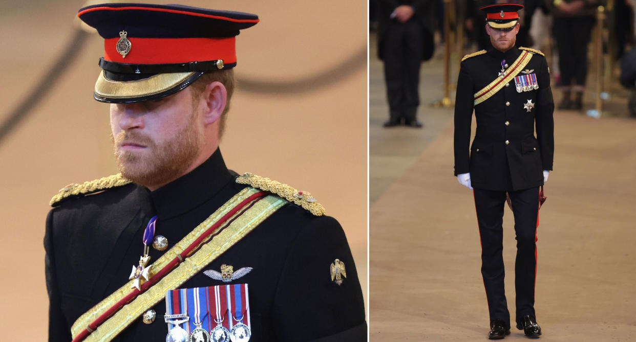 Prince Harry, Duke of Sussex arrives to hold a vigil in honour of Queen Elizabeth II at Westminster Hall.