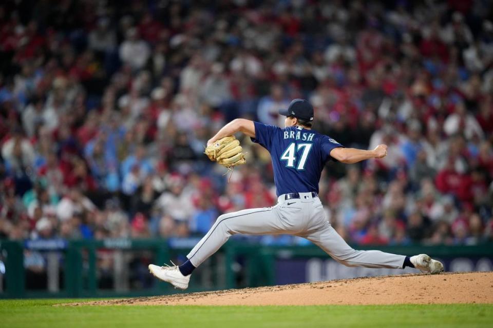 Seattle Mariners’ Matt Brash plays during a baseball game, Tuesday, April 25, 2023, in Philadelphia. (AP Photo/Matt Slocum)