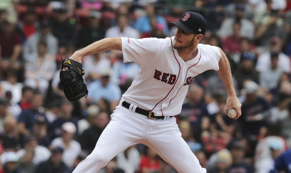 Boston Red Sox starting pitcher Chris Sale delivers during the third inning of a baseball game against the Toronto Blue Jays at Fenway Park in Boston, Thursday, July 18, 2019. (AP Photo/Charles Krupa)