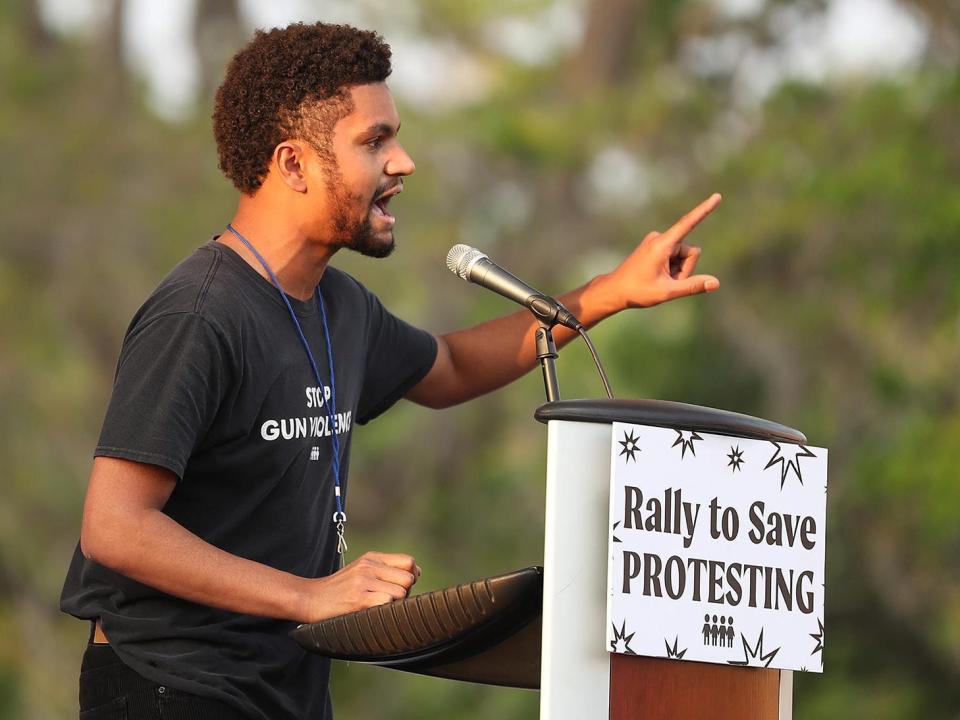 Frost speaking at a March For Our Lives Florida drive-in rally in Orlando on March 26, 2021.