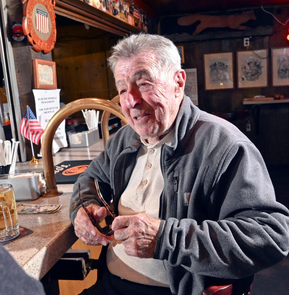 Former Barnstable High School ice hockey coach Pete Melchiono recently celebrated his 90th birthday on at The Fox Hole in Osterville.