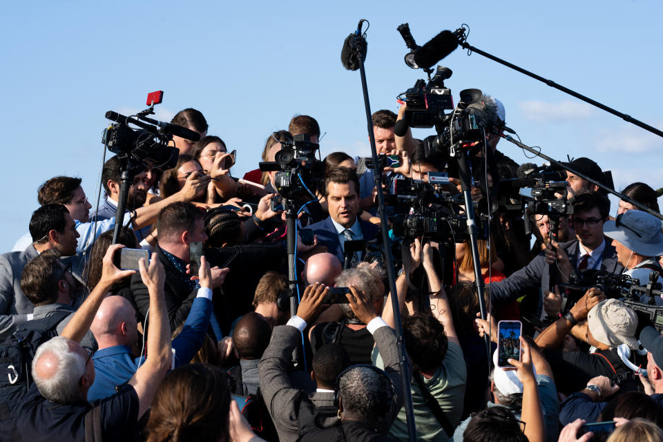 Rep. Matt Gaetz speaks to a horde of reporters after his motion to vacate the office of the speaker passed on Tuesday. 