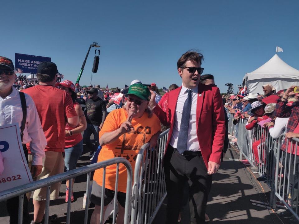 Republican Rep. Matt Gaetz of Florida mingles with MAGA supporters during former US President Donald Trump's 2024 campaign rally in Waco, Texas.