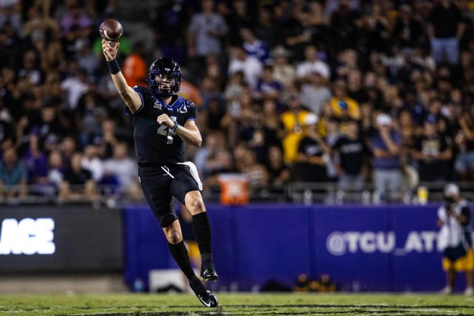 TCU quarterback Chandler Morris (4) throws a pass in the second half of a Big XII conference game between the TCU Horned Frogs and the West Virginia Mountaineers at Amon G. Carter Stadium in Fort Worth on Saturday, Sept. 30, 2023. The Horned Frogs lost 24-21. Chris Torres/ctorres@star-telegram.com