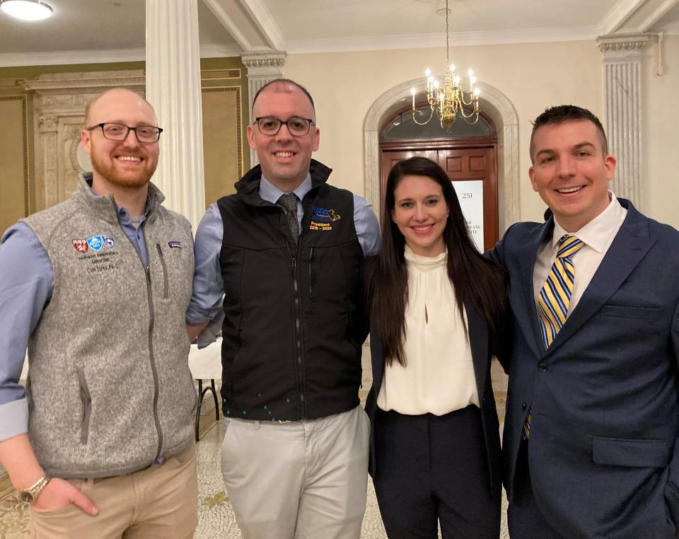 From left, PAs Cole Turno and Josh Merson of Massachusetts General Hospital, PA Thea Nolan of UMass Memorial Medical Center and Duncan DaViau at Lobby Day.