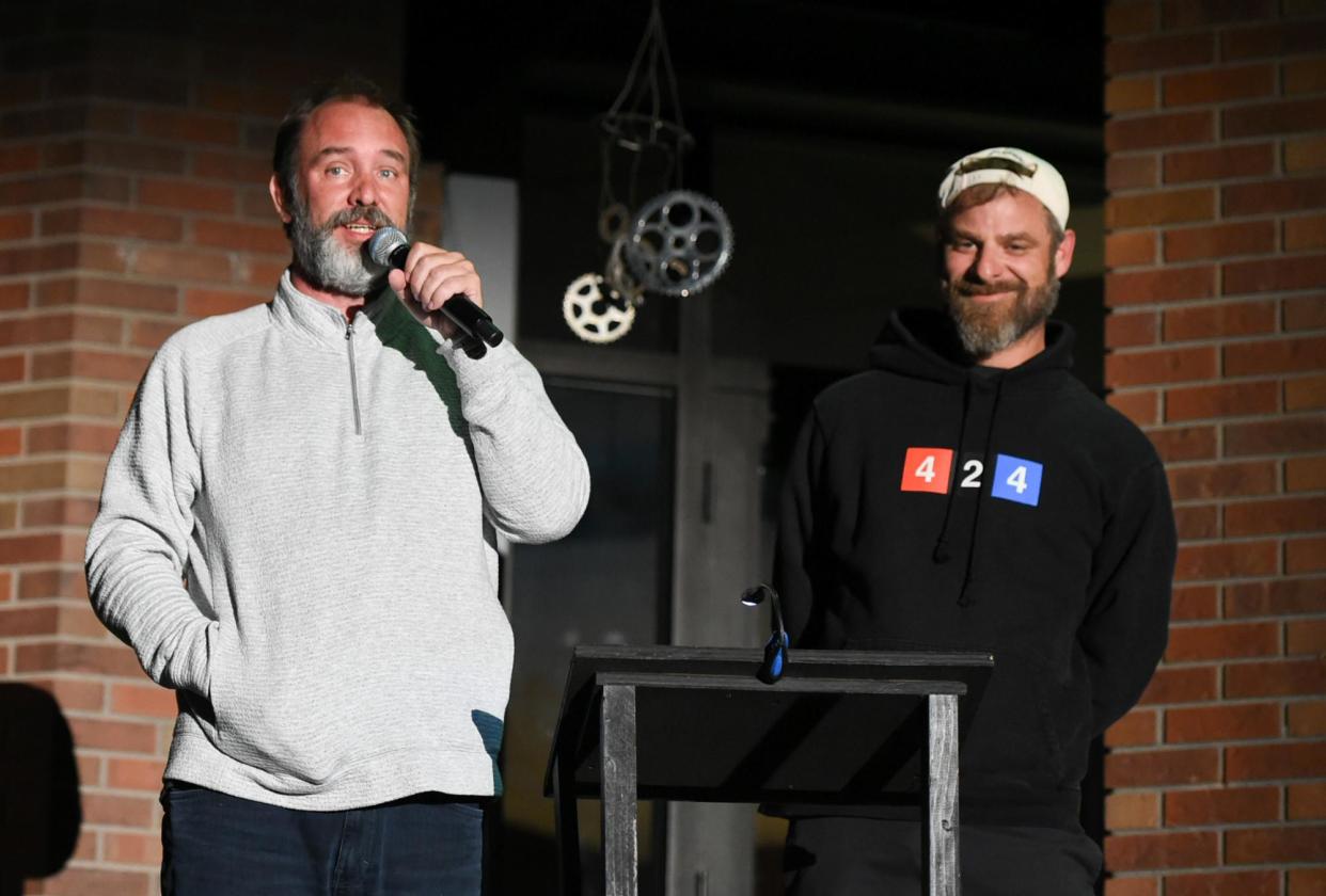 <span>Trey Parker and Matt Stone speak at the Telluride Film Festival in Telluride, Colorado, on Sunday.</span><span>Photograph: Vivien Killilea/Getty Images</span>