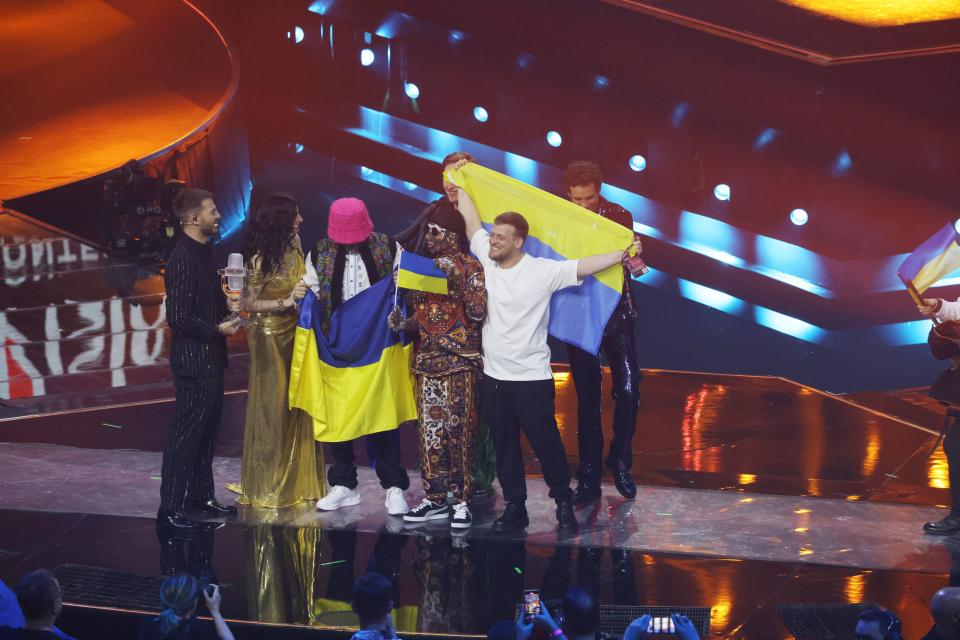 TURIN, ITALY - MAY 14:  The Kalush Orchestra, representing Ukraine, p on stage during the Grand Final show of the 66th Eurovision Song Contest at Pala Alpitour on May 14, 2022 in Turin, Italy. (Photo by Stefania D'Alessandro/Getty Images)