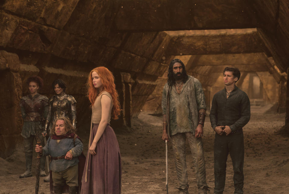 (L-R): Jade (Erin Kellyman), Kit (Ruby Cruz), Willow Ufgood (Warwick Davis), Elora (Ellie Bamber), Boorman (Amar Chadha-Patel) and Airk (Dempsey Bryk) in WILLOW