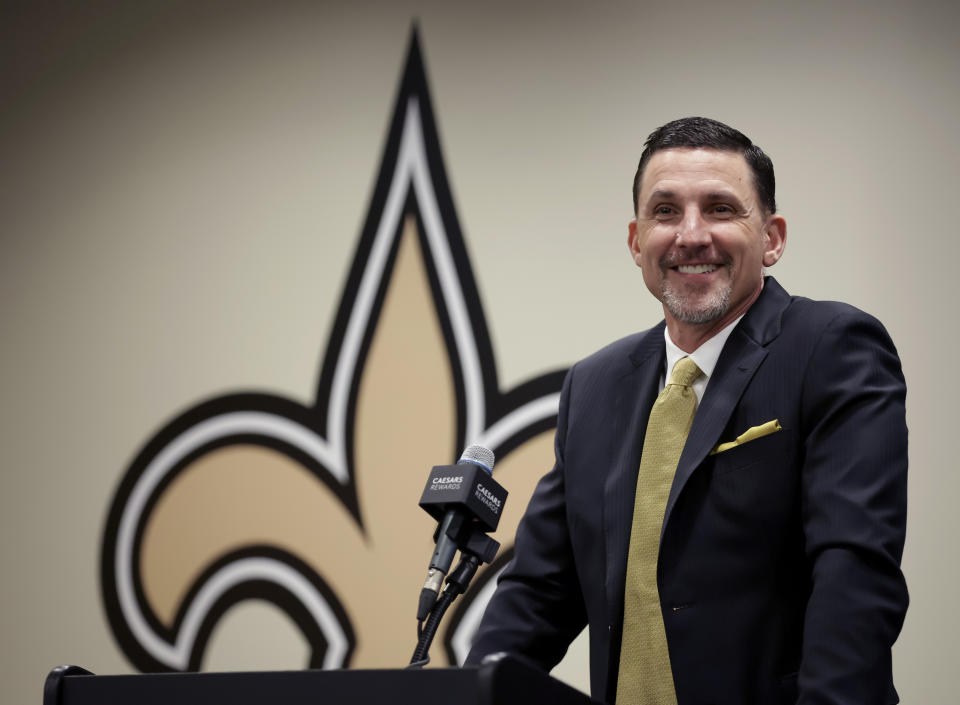 FILE - New Orleans Saints new head coach Dennis Allen speaks during a news conference at the NFL football team's training facility Feb. 8, 2022, in Metairie, La. The Saints have been relatively small players in free agency this offseason. They figure to be more active in next week’s draft. “As an overall philosophy,” first-year head coach Allen said, “I’d rather augment our team through free agency and really build our team through the draft.” (AP Photo/Derick Hingle, File)