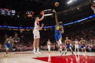 May 20, 2019; Portland, OR, USA; Portland Trail Blazers forward Meyers Leonard (11) shoots a basket against Golden State Warriors forward Draymond Green (23) during the first half in game four of the Western conference finals of the 2019 NBA Playoffs at Moda Center. Mandatory Credit: Troy Wayrynen-USA TODAY Sports