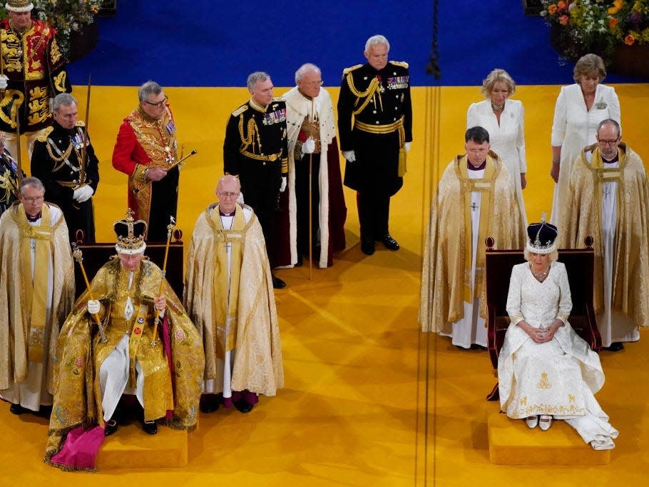 King Charles III and Queen Camilla after being crowned during his coronation ceremony in Westminster Abbey, on May 6, 2023 in London, England