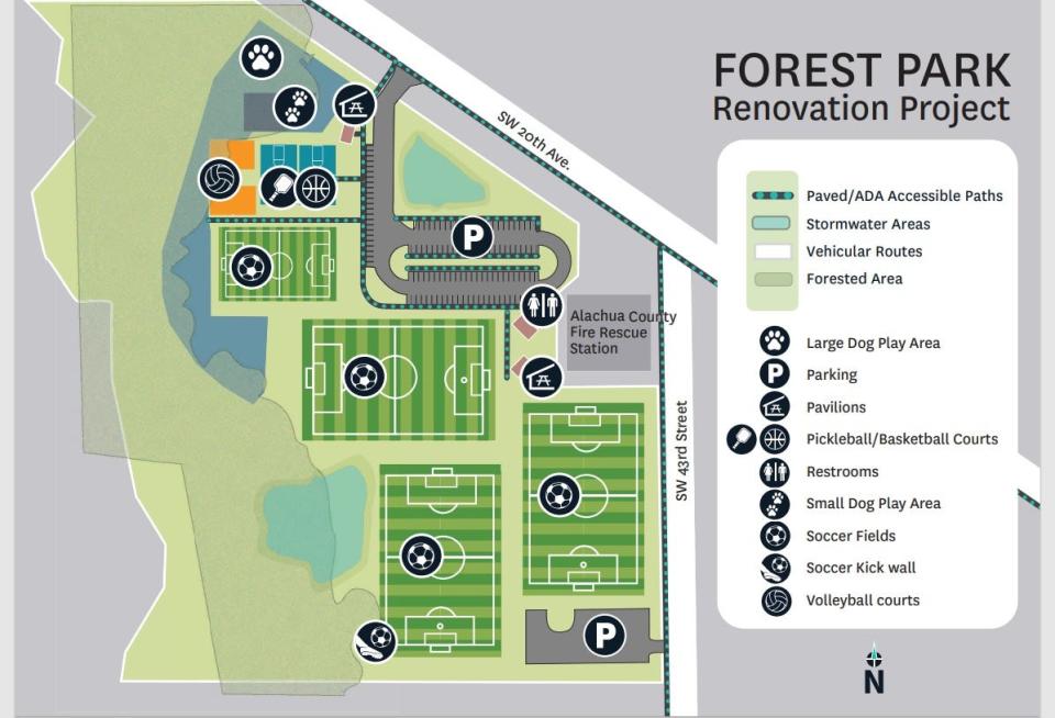 A map shows the renovation planned for Gainesville's Forest Park.