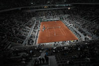 View of center court Philippe Chatrier during the first round match between Barbora Krejcikova of the Czech Republic andFrance's Diane Parry at the French Open tennis tournament in Roland Garros stadium in Paris, France, Monday, May 23, 2022. (AP Photo/Thibault Camus)