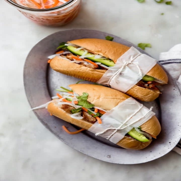 Two chicken banh mi sandwiches