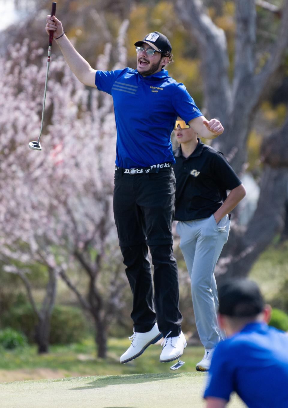 Serrano’s Cody Cantu reacts after sinking a putt during the 2024 High Desert Classic Golf Tournament at Bear Valley Country Club on Monday, March 11, 2024. The annual tournament is hosted by Oak Hills High School.