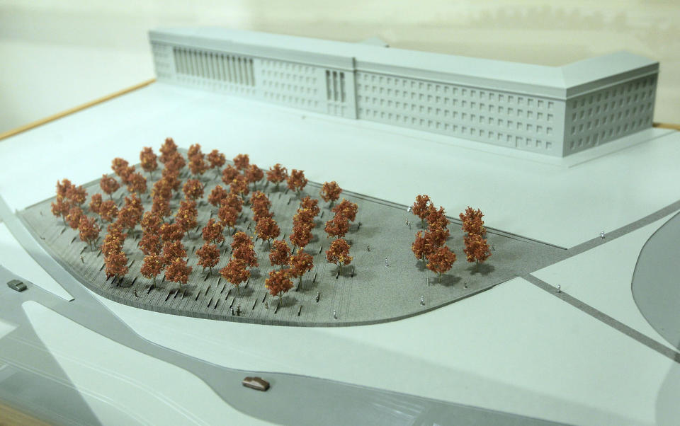 ARLINGTON, VA - JUNE 28: A model of the Pentagon Memorial is on display at the Pentagon June 28, 2011 in Arlington, Virginia. This year is the 10th anniversary of the September 11 terrorist attacks, in which 184 people were killed at the Pentagon. (Photo by Alex Wong/Getty Images)