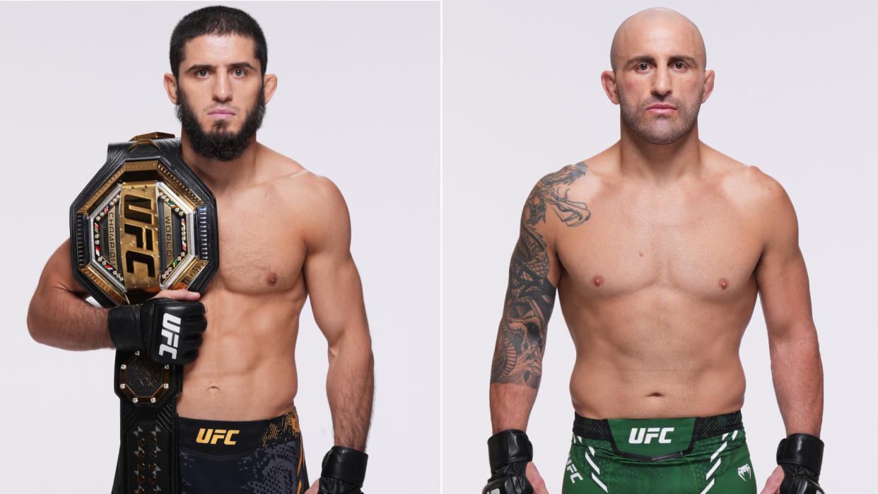  Composite image of Islam Makhachev (L) and Alexander Volkanovski (R) ahead of the UFC 294 live stream. 