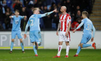 Soccer Football - FA Cup Third Round - Coventry City vs Stoke City - Ricoh Arena, Coventry, Britain - January 6, 2018 Coventry City’s Jack Grimmer celebrates scoring their second goal as Stoke City's Stephen Ireland looks dejected Action Images via Reuters/Carl Recine