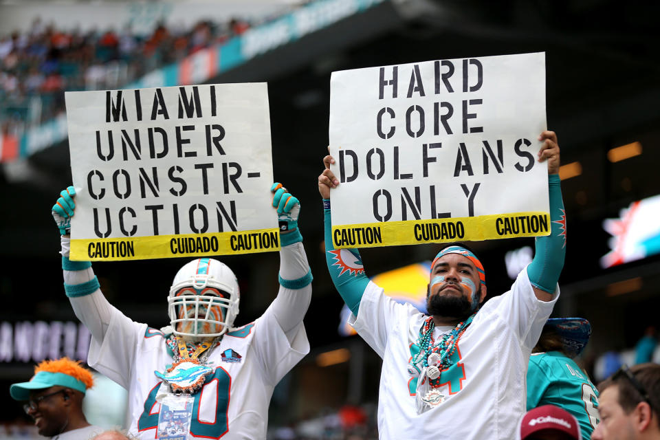 Miami Dolphins fans during a 30-10 loss against the Los Angeles Chargers at Hard Rock Stadium in Miami Gardens, FL, on Sunday, Sept. 29 2019. (Charles Trainor Jr./Miami Herald/Tribune News Service via Getty Images)