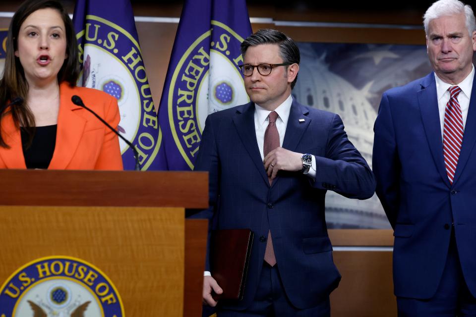 (L-R) Conference Chair Rep. Elise Stefanik (R-NY), Speaker of the House Mike Johnson (R-LA) and Majority Leader Steve Scalise (R-LA) hold a news conference following a closed-door caucus meeting at the U.S. Capitol Visitors Center on March 20, 2024 in Washington, DC.