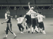 June 16, 1989: The Monarch Park Lions were told to go out and have fun and they did in a big way; beating Michael Power or St. Joseph's Trojans 6-3 to win the Metro and Regional high school baseball title in the SkyDome. (Photo by Colin McConnell/Toronto Star via Getty Images)