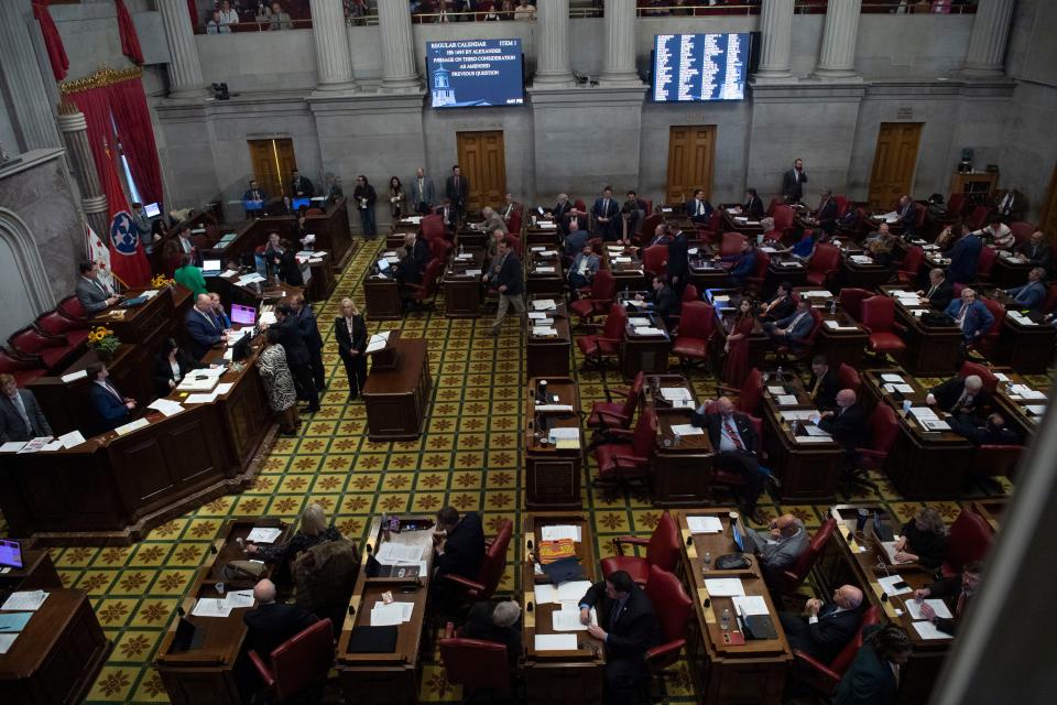 Rep. Rebecca Alexander, R-Jonesborough, looks to the Covenant parents after the House voted on HB1695 during a House session at the State Capitol in Nashville, Tenn., Monday, March 4, 2024.