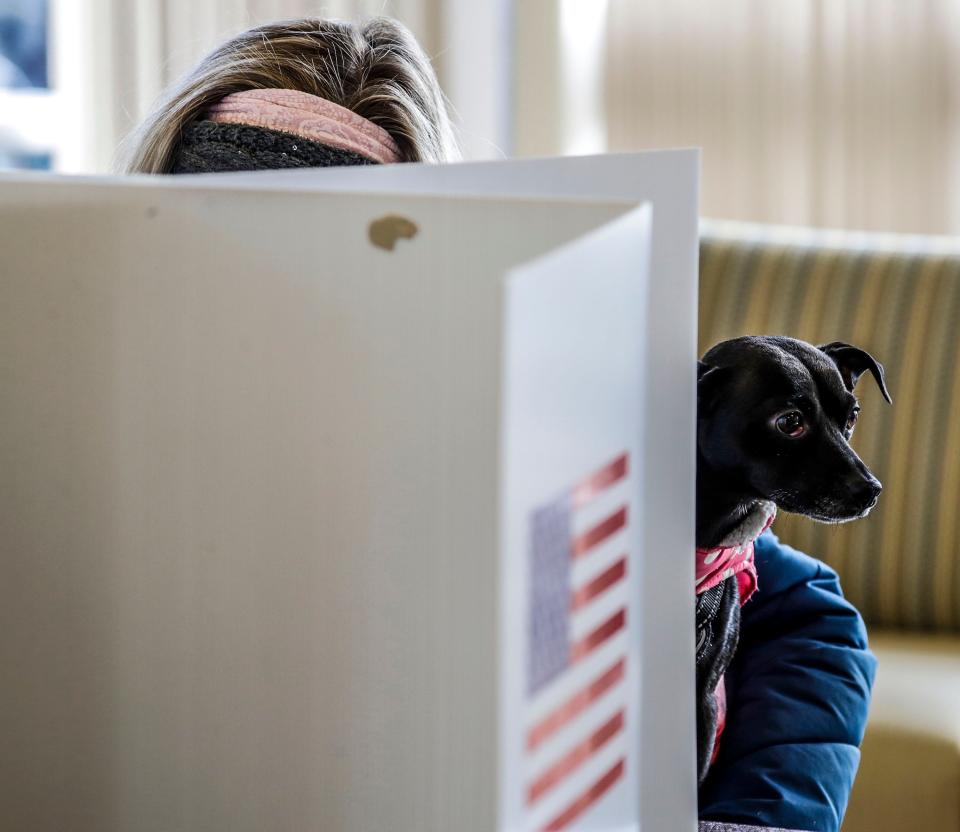 While Tara Johanek casts her ballot, left, her dog Prada, a min pin mix looks around the First Congregational poll, Tuesday, November 8, 2022, in Sheboygan, Wis.