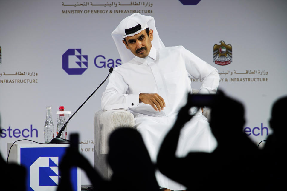 Qatar's Minister of State for Energy Affairs Saad Sherida al-Kaabi sits on stage during the Gastech 2021 conference in Dubai, United Arab Emirates, Tuesday, Sept. 21, 2021. Energy officials from Qatar and Turkey, long-standing foes of the United Arab Emirates, descended on Dubai along with hundreds of other executives on Tuesday, flocking to the largest gas expo in the world and the industry's first in-person conference since the pandemic began. (AP Photo/Jon Gambrell)