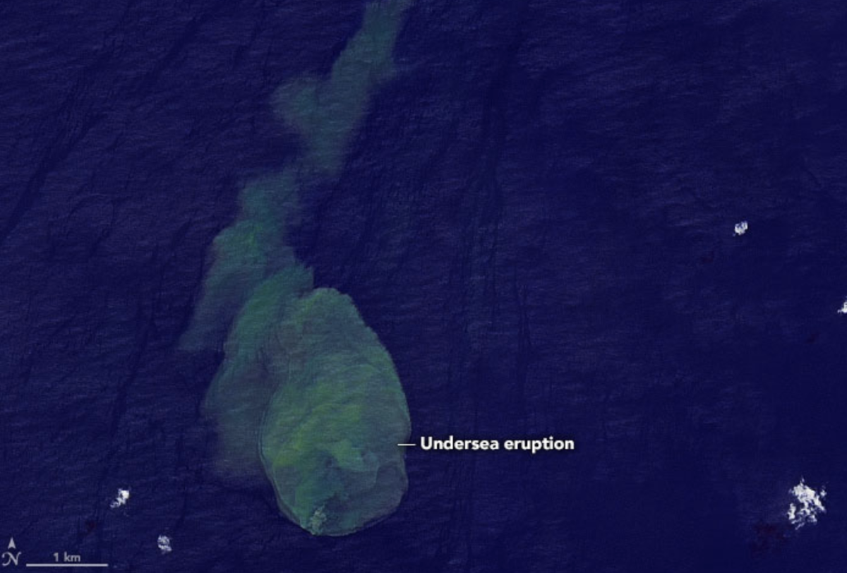 The underwater eruption of a volcano dubbed ‘Shark-cano’ was captured by Nasa satellites in May 2022 (Nasa)