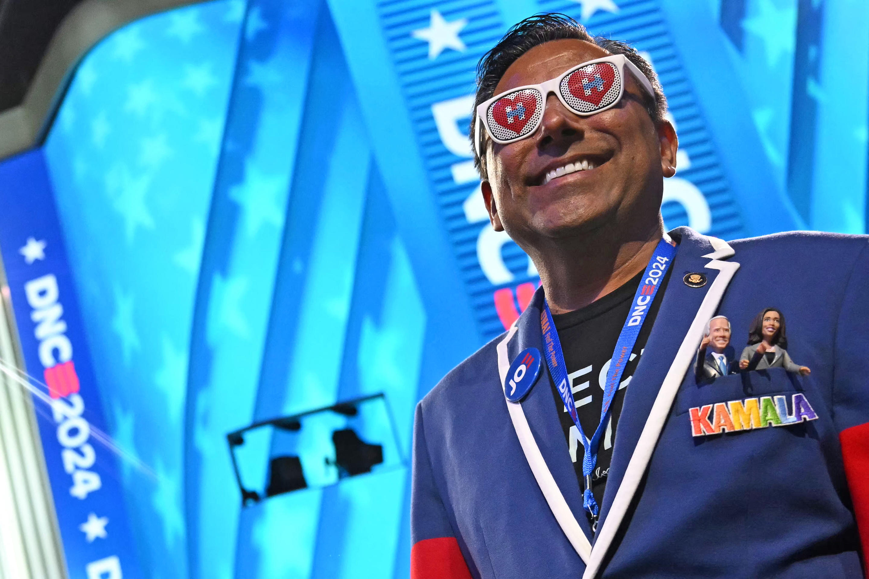 A California delegate poses for a photo on the first day of the Democratic National Convention in Chicago. (Andrew Cabellero-Reynolds/AFP via Getty Images)