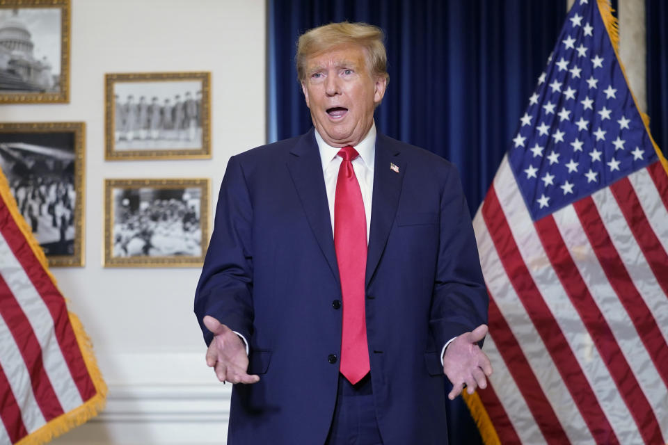 Former President Donald Trump speaks to the media at a Washington hotel, Tuesday, Jan. 9, 2024, after attending a hearing before the D.C. Circuit Court of Appeals at the federal courthouse in Washington. (AP Photo/Susan Walsh)