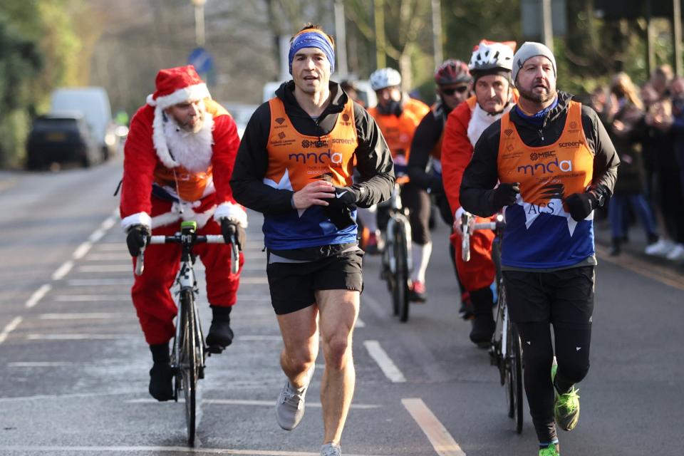 <p>Kevin Sinfield approaches the finish of the last of seven marathons in seven days</p>Action Images via Reuters