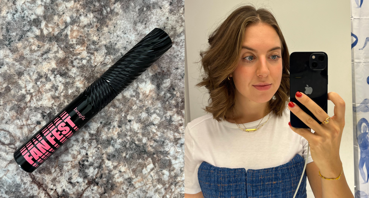 split screen of Benefit Cosmetics Fan Fest Fanning & Volumizing Mascara and woman with brown hair, white t-shirt and blue corset top