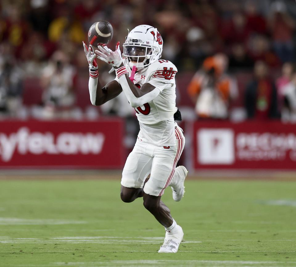 Utah Utes wide receiver Money Parks (10) catches a pass in the game against the USC Trojans at the Los Angeles Memorial Coliseum on Saturday, Oct. 21, 2023. | Laura Seitz, Deseret News