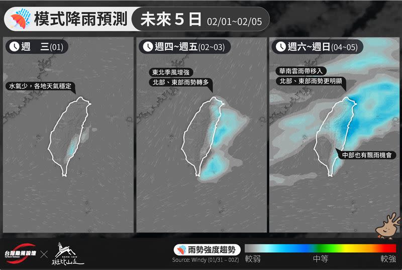 未來5天雨勢預測圖，週末雨勢最明顯。（圖／翻攝自「台灣颱風論壇｜天氣特急」）