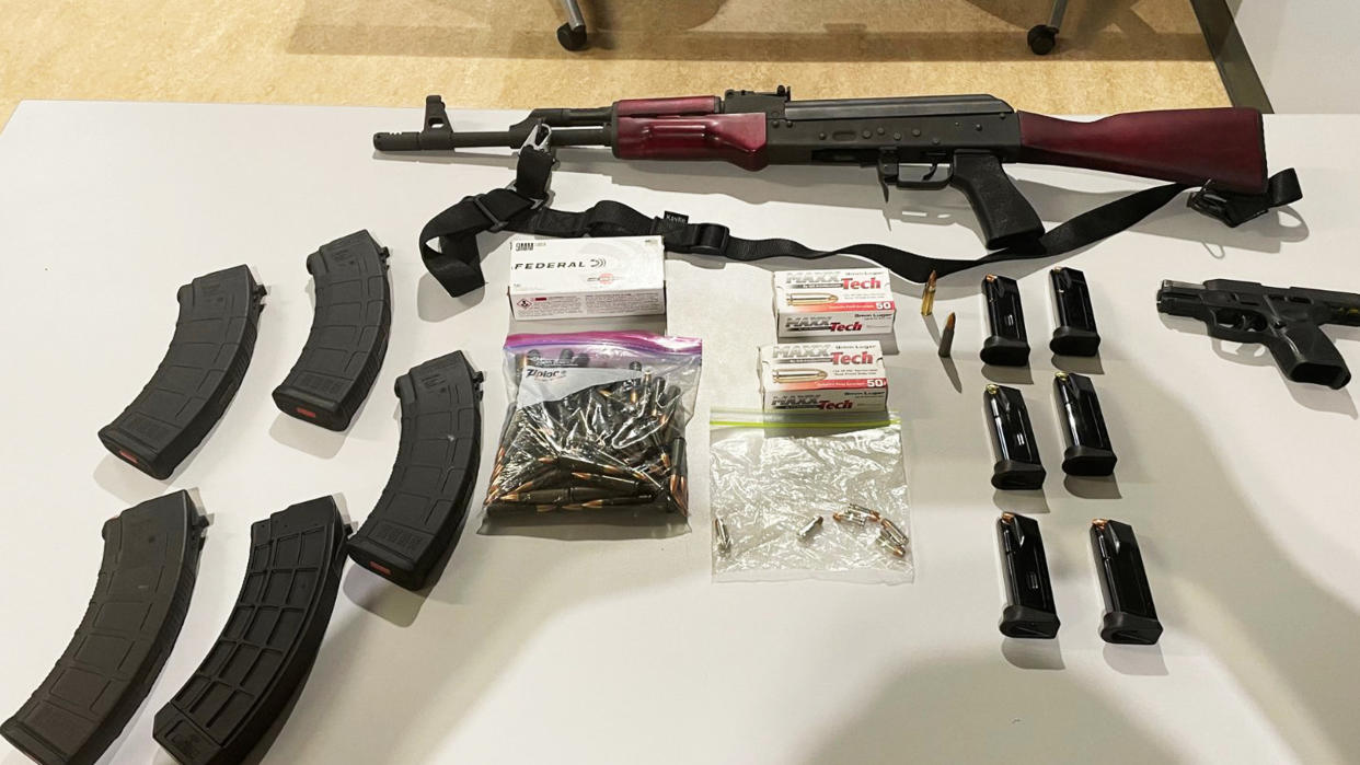 Weapons and ammunition confiscated by the Fairfax County Police Department during its arrest of Eric Sandow. (Fairfax County Police Department via Twitter)