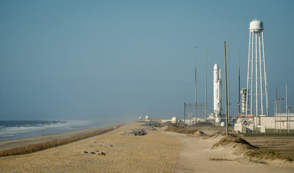 The Orbital Sciences Corporation Antares rocket is seen on the Mid-Atlantic Regional Spaceport (MARS) Pad-0A at the NASA Wallops Flight Facility on April 16, 2013 on Wallops Island, Va.The rocket is slated to launch on April 20.