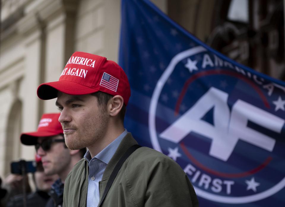 Nick Fuentes, shown at a rally at the Lansing Capitol, in Lansing, Mich., Nov. 11, 2020, has used his online platform to spew antisemitic and white supremacist rhetoric.