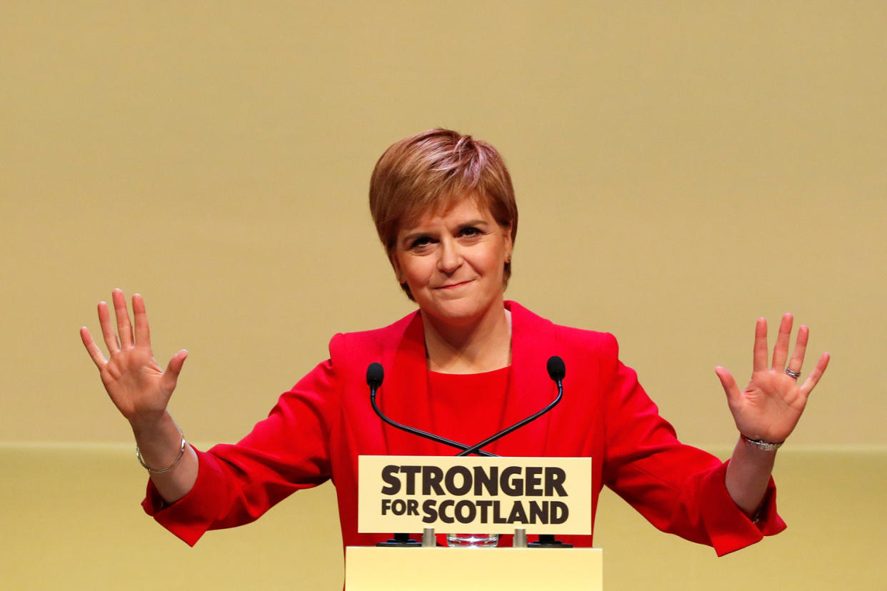 Nicola Sturgeon at the SNP manifesto launch today in Perth: Reuters