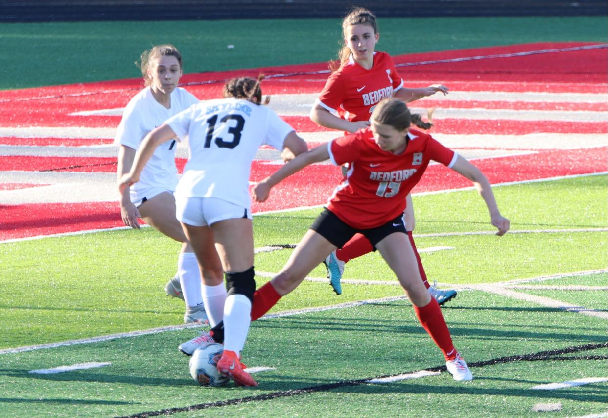 Kami Morse defends for Bedford during a soccer game against Ann Arbor Huron on Tuesday, April 30, 2024.