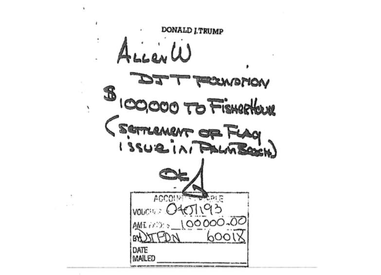 A document cited in the petition shows a payout to Fisher House Foundation as a settlement in a dispute with the city of Palm Beach.